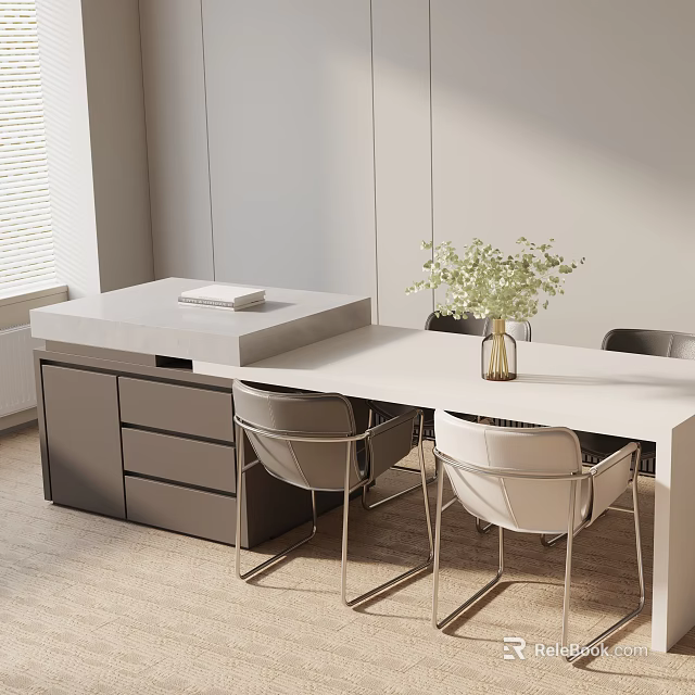 Modern Dining Table Set with White Surface Grey Cabinets Countertop Book Chairs and Green Plants 3d model 