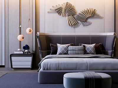 Elegant Modern Bedroom Interior With Background Double Bed Upholstered Headboard And Wall Art Sculpture 3d model