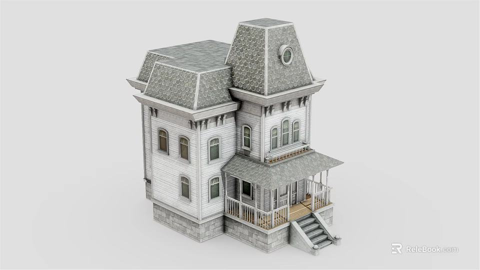 European Style Architecture Featuring White Exterior Gray Gabled Roof Multiple Windows And Front Porch Stairs 3d model 