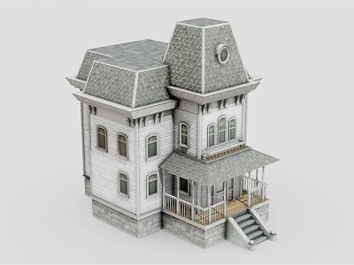 European Style Architecture Featuring White Exterior Gray Gabled Roof Multiple Windows And Front Porch Stairs 3d model