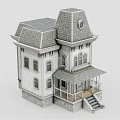 European Style Architecture Featuring White Exterior Gray Gabled Roof Multiple Windows And Front Porch Stairs