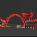 Red Event Entrance Arch With Fish Decoration Lanterns HAPPY Sign Pillars And Firework Ornaments