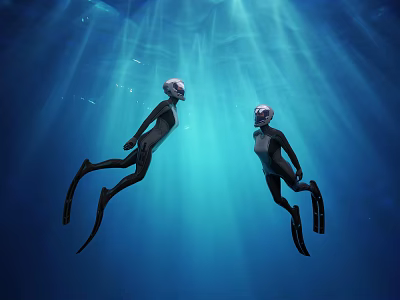 Women Swimming Underwater With Fins And Light Rays In Blue Ocean 3d model