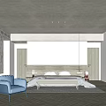 Modern Hotel Room Interior With Blue Armchair Queen Bed And Geometric Carpet