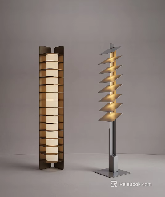 Modern Designer Floor Lamps With Layered Rectangular And Spiral Blade Like Structures 3d model 
