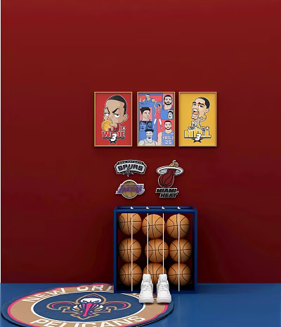 Basketball Sports Equipment Storage Box With Multiple Balls And Team Badges 3d model