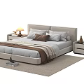 Modern Double Bed With Upholstered Headboard Light Gray Bedding Pillows Blanket And Nightstands