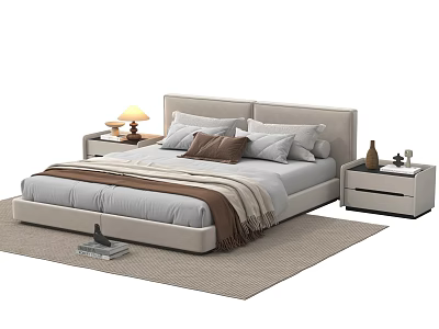 Modern Double Bed With Upholstered Headboard Light Gray Bedding Pillows Blanket And Nightstands 3d model
