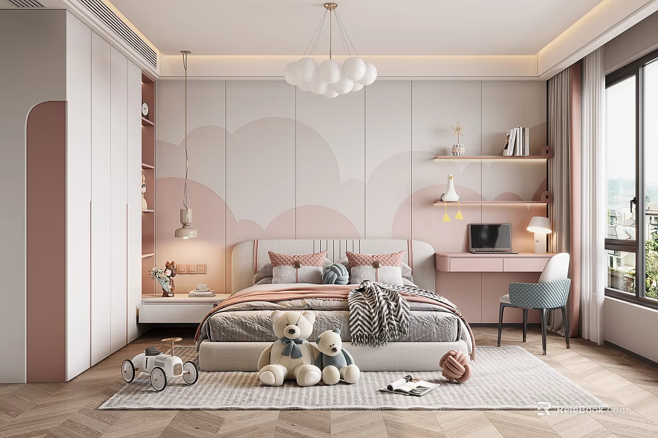 Cozy Kids Room Interior With Cloud Patterned Walls Stuffed Toys Desk And Soft Chandelier 3d model 
