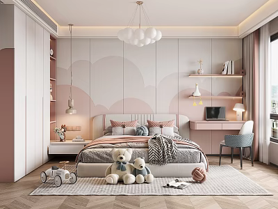 Cozy Kids Room Interior With Cloud Patterned Walls Stuffed Toys Desk And Soft Chandelier 3d model