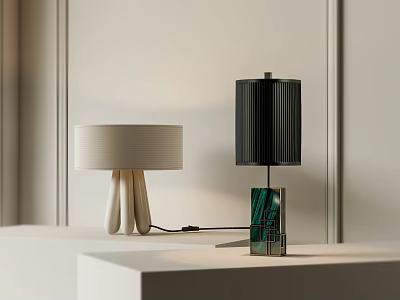 White And Black Table Lamps With Pleated Shades On White Shelf And Light Wall 3d model