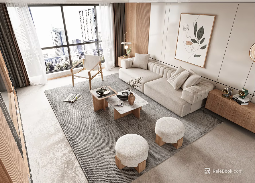 Modern Sofa And Coffee Table Set With Round Stools City View Windows And Decorative Art 3d model