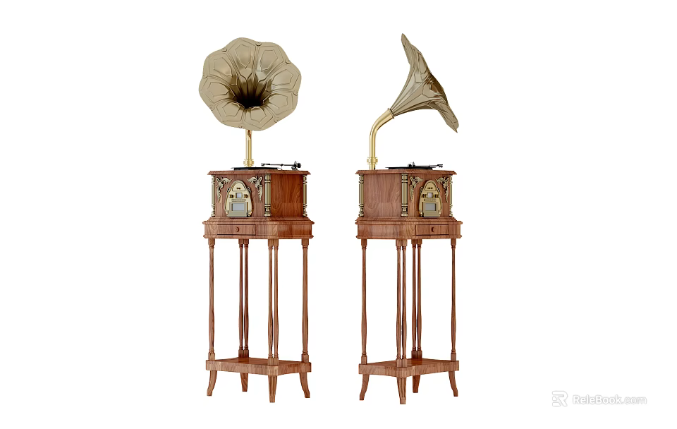 Vintage Gramophone Audio System With Wooden Stand And Classic Horn Speaker 3d model 