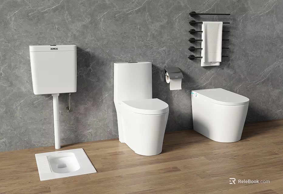Different Types of Modern Toilet Designs in Contemporary Bathroom with Wooden Floor and Gray Walls 3d model 