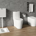 Different Types of Modern Toilet Designs in Contemporary Bathroom with Wooden Floor and Gray Walls