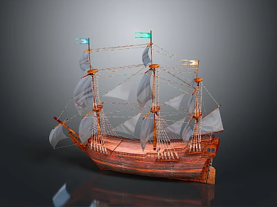 Wooden Sailing Ship Model With Multiple Masts White Sails And Colorful Flags 3d model