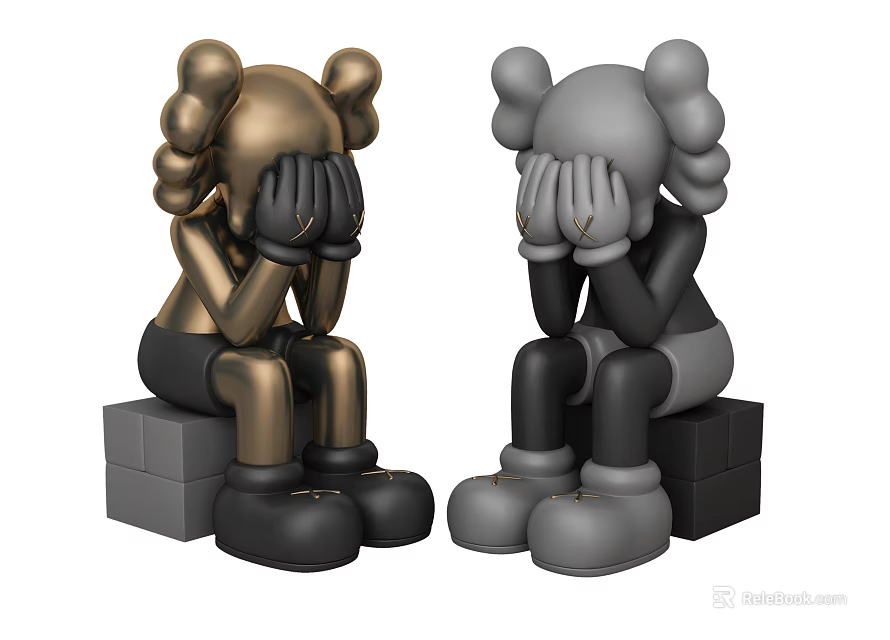 Golden and Gray Sitting Dolls With Hands Covering Face On Cube Base 3d model 