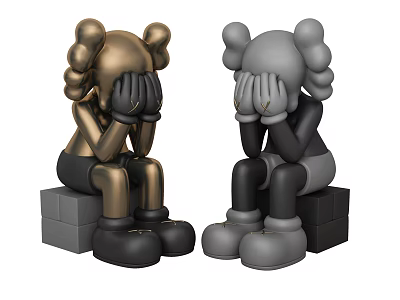 Golden and Gray Sitting Dolls With Hands Covering Face On Cube Base 3d model