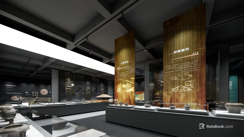 Traditional Cultural Center Exhibition Hall Interior With Display Cases Cultural Relics And Wall Inscriptions 3d model 