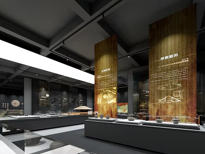 Traditional Cultural Center Exhibition Hall Interior With Display Cases Cultural Relics And Wall Inscriptions 3d model