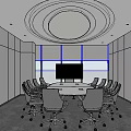 Modern Conference Room With White Meeting Table Wheeled Chairs And Large Screen TV