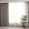 Gray Curtains With White Sheer Panels In Modern Room With Wooden Floor And Potted Plant