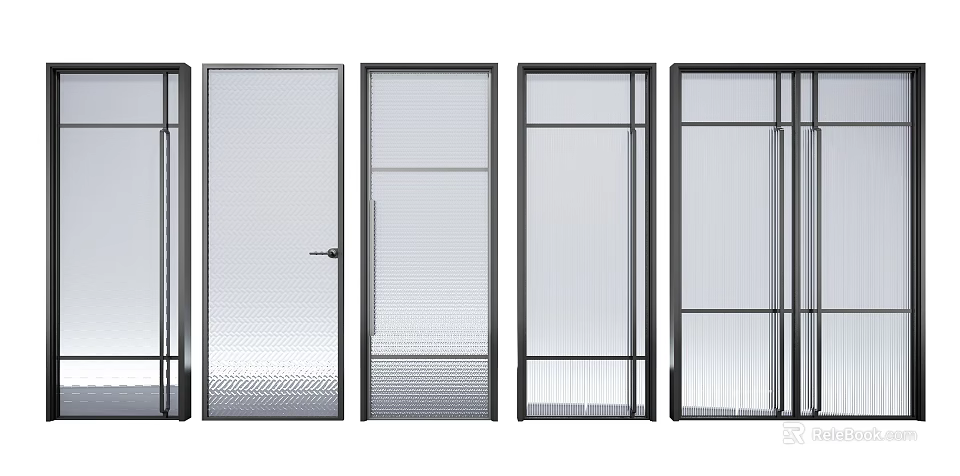 Modern Hinged Doors Featuring Various Glass Panel Designs And Black Frames 3d model