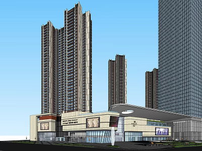 Modern Commercial Complex With High Rise Towers And Shopping Mall Area 3d model