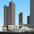 Modern Commercial Complex With High Rise Towers And Shopping Mall Area