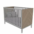 Modern Baby Crib With White Railings Wooden Herringbone Panel And Polka Dot Bedding