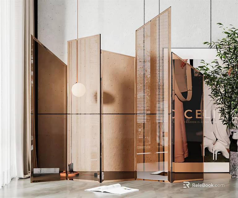 Modern Golden Room Divider With Transparent Glass Panels And Indoor Plants 3d model 