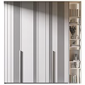 Modern White Wardrobe With Vertical Striped Double Doors And Adjacent Open Shelves With Decor