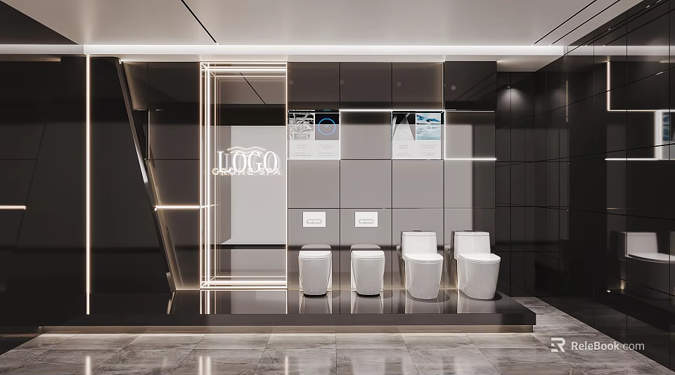 Modern Bathroom Product Showroom Displaying Toilets With Logo And Information Boards 3d model 