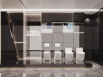 Modern Bathroom Product Showroom Displaying Toilets With Logo And Information Boards 3d model