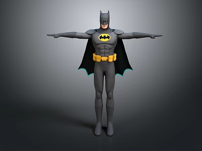 Batman In Grey Suit With Yellow Belt Black Cape And Bat Symbol Arms Outstretched 3d model