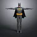 Batman In Grey Suit With Yellow Belt Black Cape And Bat Symbol Arms Outstretched