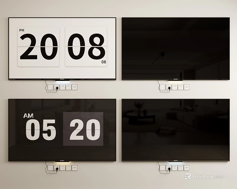Smart Television With Digital Clock Display In Modern Living Room Interior 3d model 