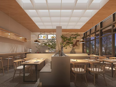 Modern Restaurant Interior With Open Layout Wooden Dining Tables Chairs Green Plants And Large Windows 3d model