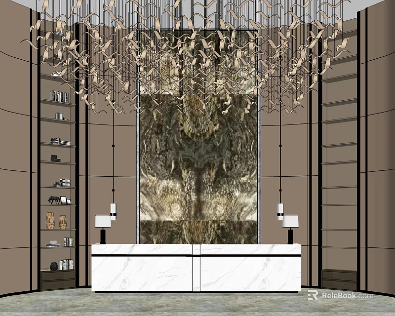 Modern Front Desk Reception Area With Marble Feature Wall And Chandelier 3d model