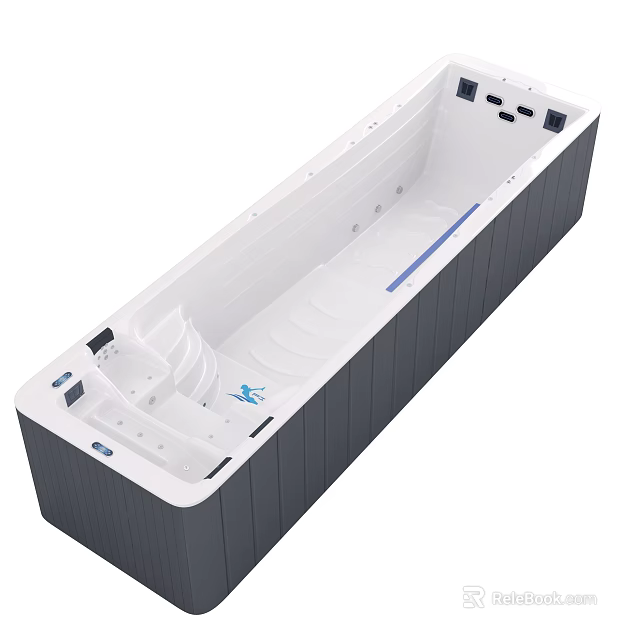 Modern Rectangular Bathtub With Dark Gray Exterior White Interior And Blue Accent Strip 3d model