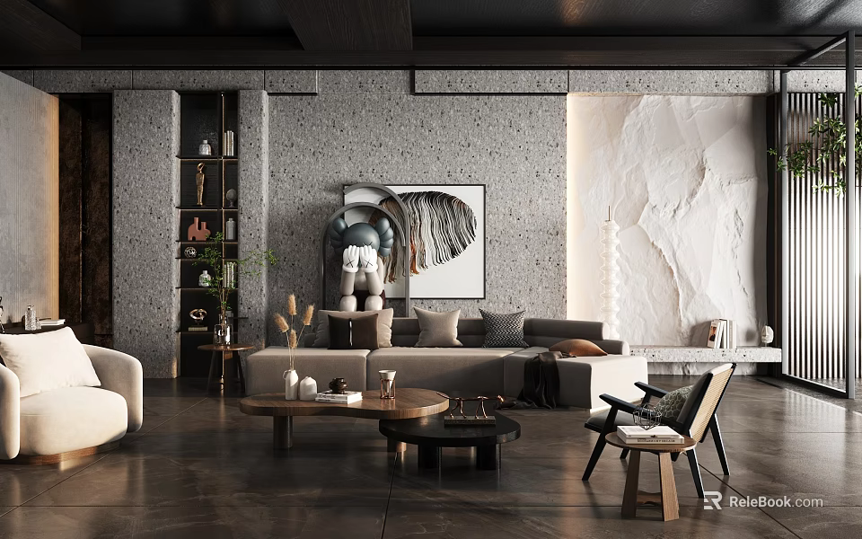 Modern Living Room Interior With Gray Sofa Large Artwork Concrete Wall And Wooden Coffee Tables 3d model 