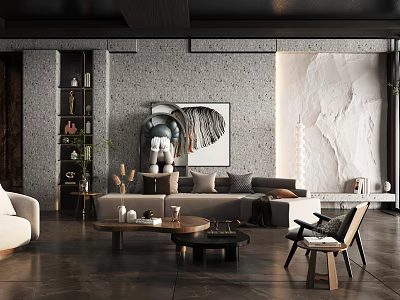 Modern Living Room Interior With Gray Sofa Large Artwork Concrete Wall And Wooden Coffee Tables 3d model
