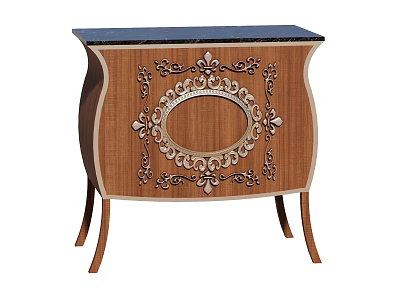 Elegant Wooden Decorative Cabinet With Carved Patterns Oval Panel Black Top And Slender Legs 3d model