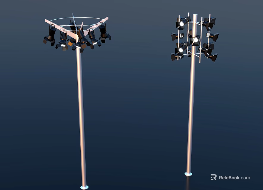 High Mast Lights With Multiple Lamps Against Dark Blue Background 3d model 