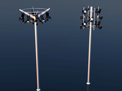 High Mast Lights With Multiple Lamps Against Dark Blue Background 3d model