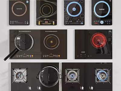 Modern Kitchen Cooktop Appliances With Induction Gas Types Black Glass Panels And Controls 3d model