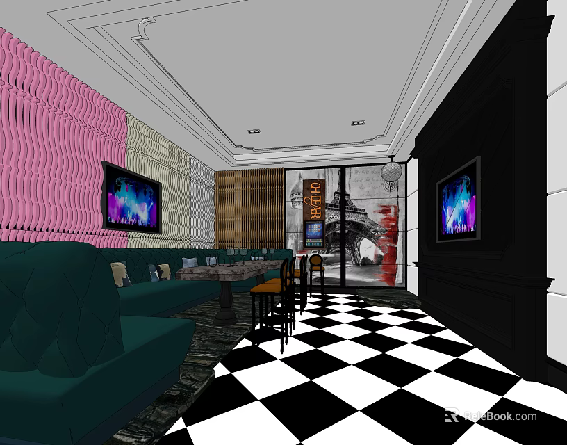 Modern KTV Room Interior With Pink Walls Green Sofas And Checkered Floor 3d model 