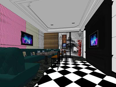 Modern KTV Room Interior With Pink Walls Green Sofas And Checkered Floor 3d model