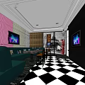 Modern KTV Room Interior With Pink Walls Green Sofas And Checkered Floor 3d model