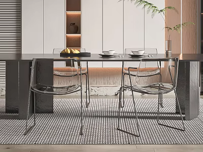 Modern Dining Table Set With Metal Transparent Chairs Bananas Plates Indoor Plant And Rug 3d model